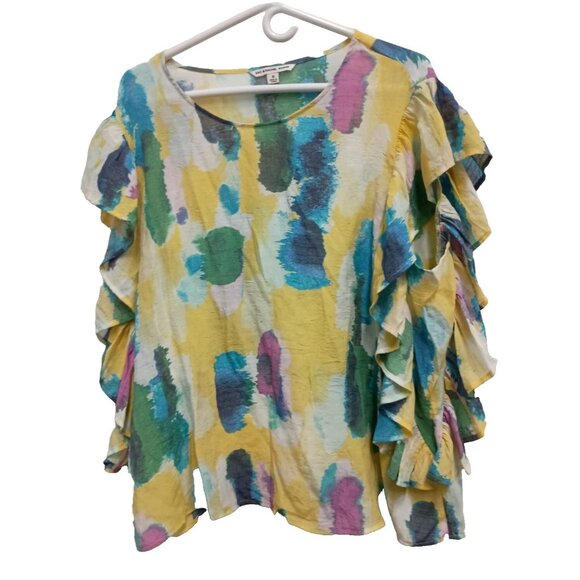 Zac & RAchel Womens Wearable Art Top Size 1X Multi Abstract Ruffle Short Sleeve - Picture 1 of 9